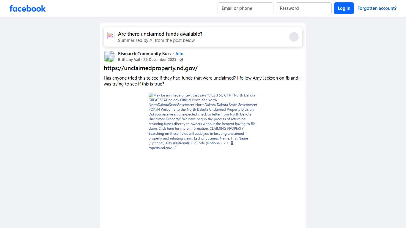 Bismarck Community Buzz https://unclaimedproperty.nd.gov/ Facebook