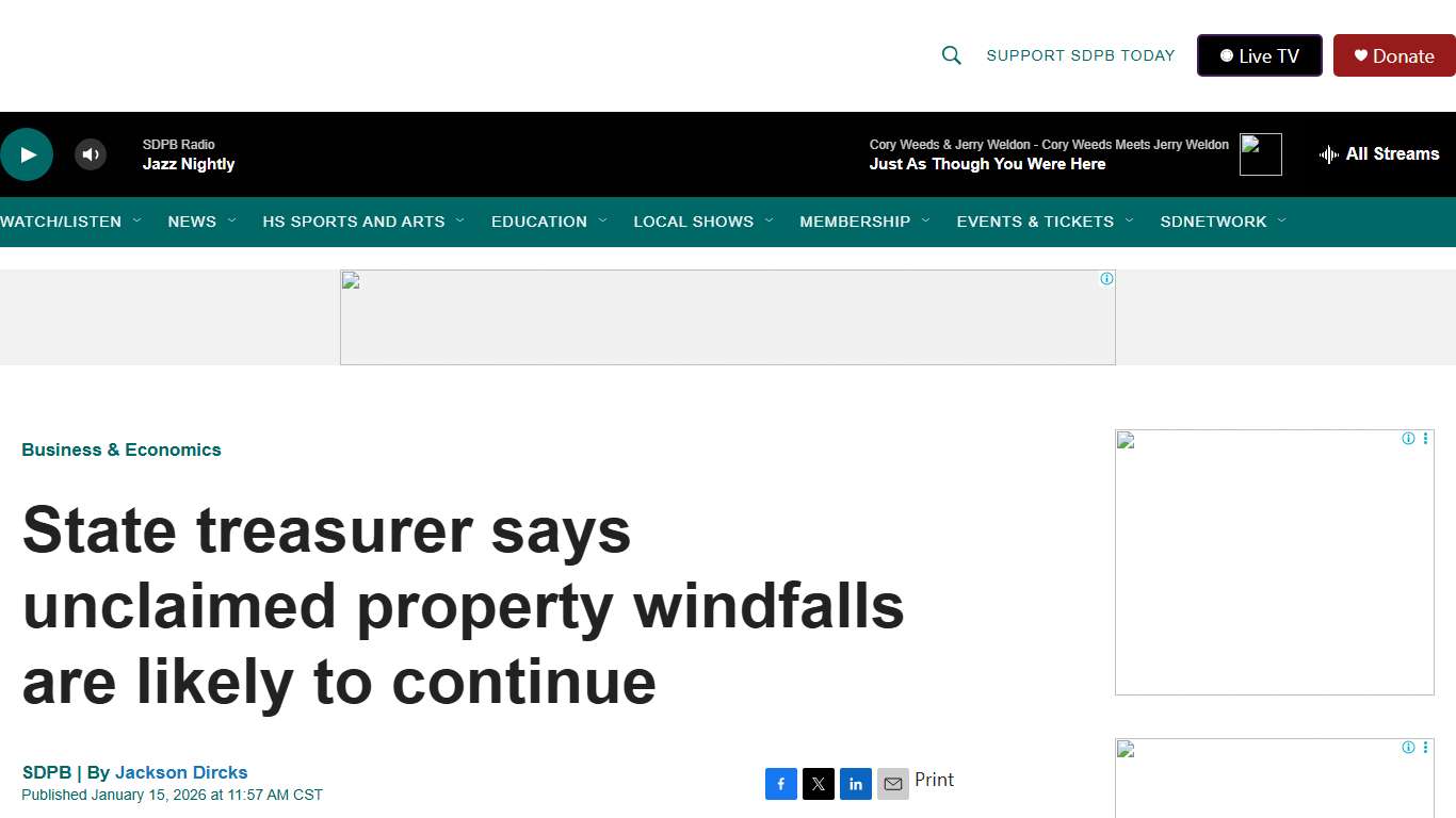 State treasurer says unclaimed property windfalls are likely to continue SDPB